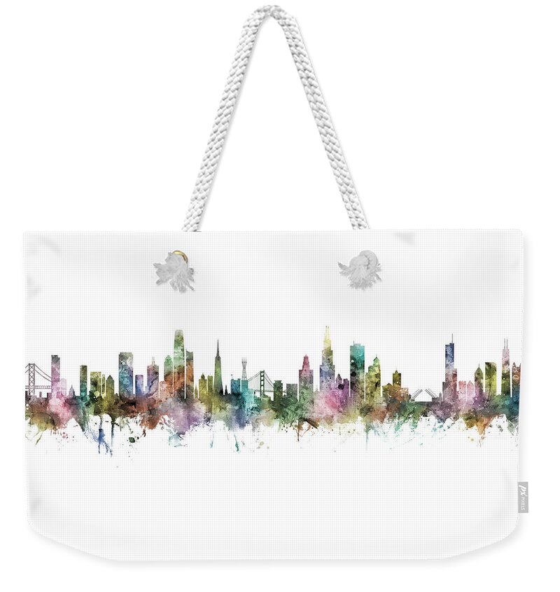 Chicago Weekender Tote Bag featuring the digital art San Francisco and Chicago Skyline Mashup by Michael Tompsett