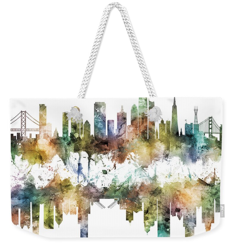 San Francisco Weekender Tote Bag featuring the digital art San Francisco and Chicago Skylines by Michael Tompsett