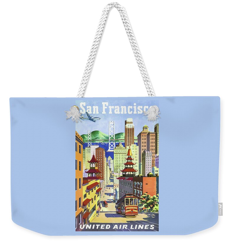 San Francisco Weekender Tote Bag featuring the photograph San Francisco and United Air Lines Vintage Travel by Carol Japp