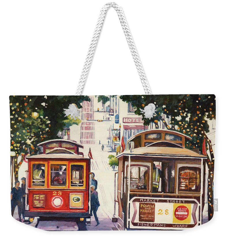 San Francisco Weekender Tote Bag featuring the painting San Francisco Cable Cars Square by John Clark