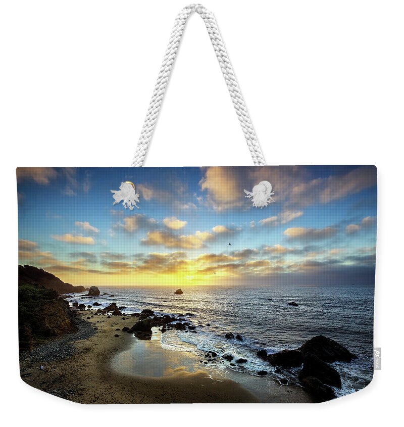 Mile Weekender Tote Bag featuring the photograph San Francisco Sunset at Mile Rock Beach by Ian Good