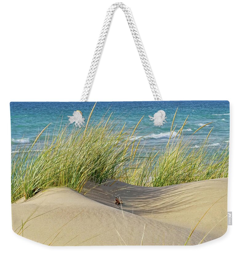 Saugatuck Harbor Weekender Tote Bag featuring the photograph Sculpted Sands and Seashores by Kathi Mirto