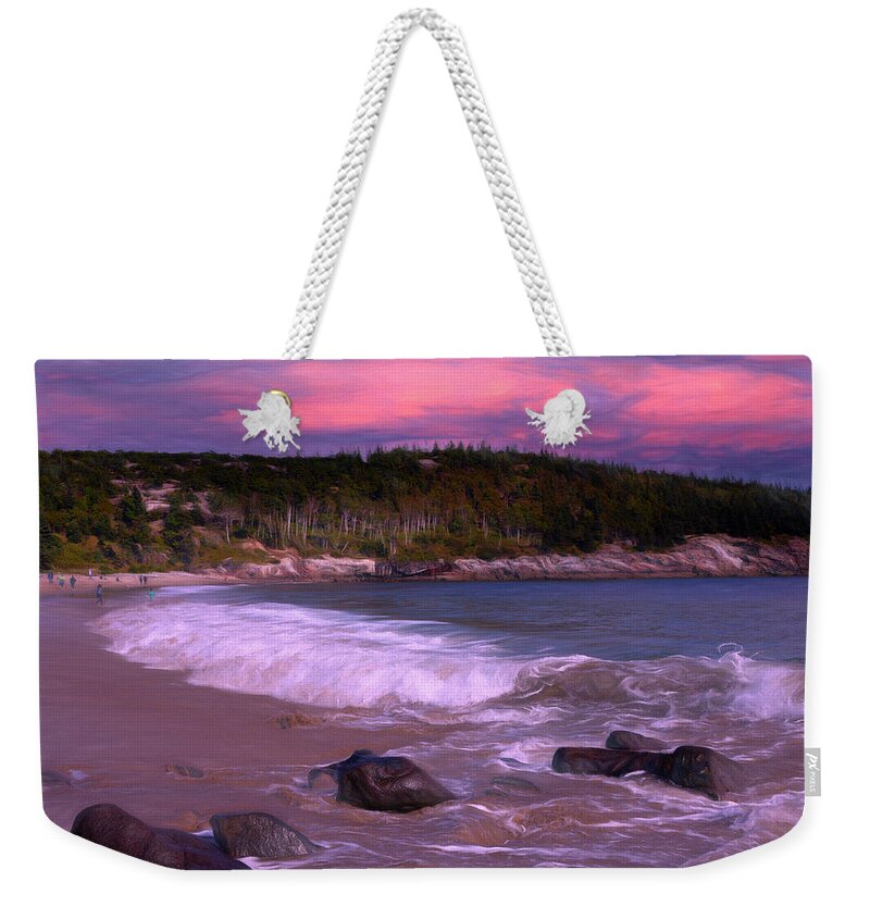 Acadia Weekender Tote Bag featuring the mixed media Sand Beach Breaker by Lynda Lehmann