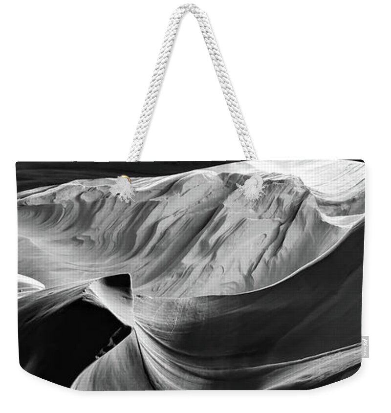 Antelope Canyon Weekender Tote Bag featuring the photograph Sandstone Symphony Panorama - Monochrome Layers Of Antelope Canyon by Gregory Ballos