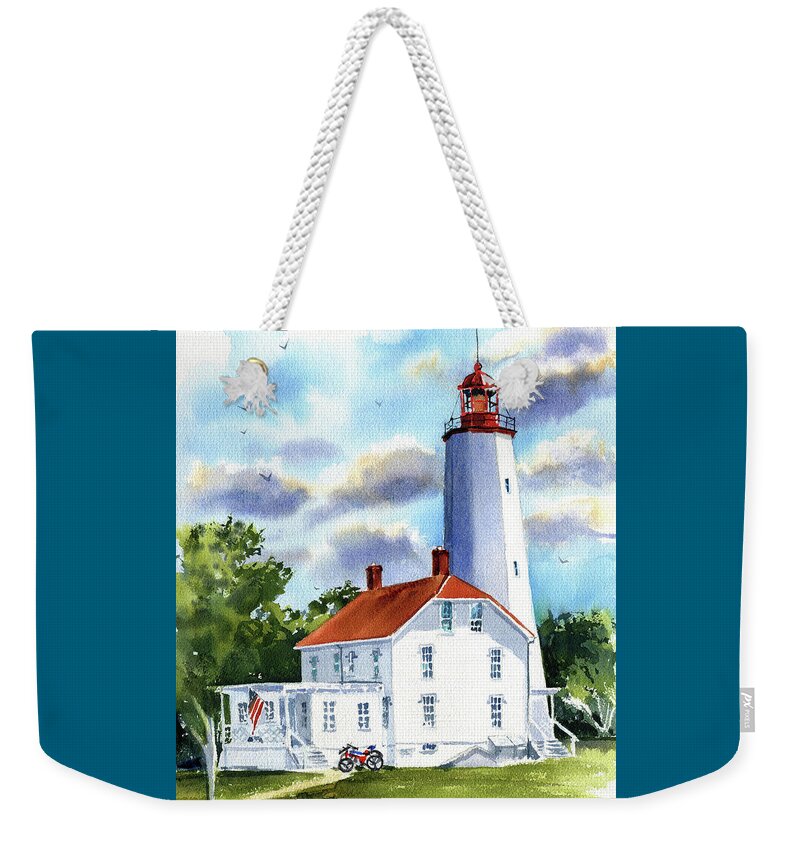 New Jersey Weekender Tote Bag featuring the painting Sandy Hook Lighthouse in New Jersey by Dora Hathazi Mendes