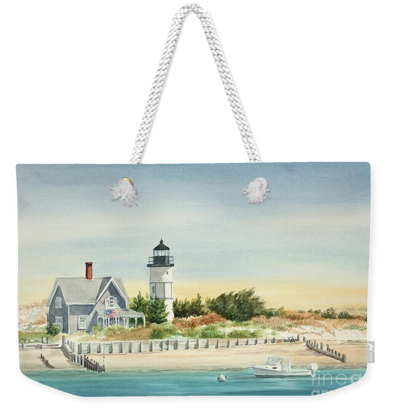 Sandy Neck Lighthouse Barnstable Cape Cod Weekender Tote Bag featuring the painting Sandy Neck Lighthouse Barnstable Cape Cod by Michelle Constantine