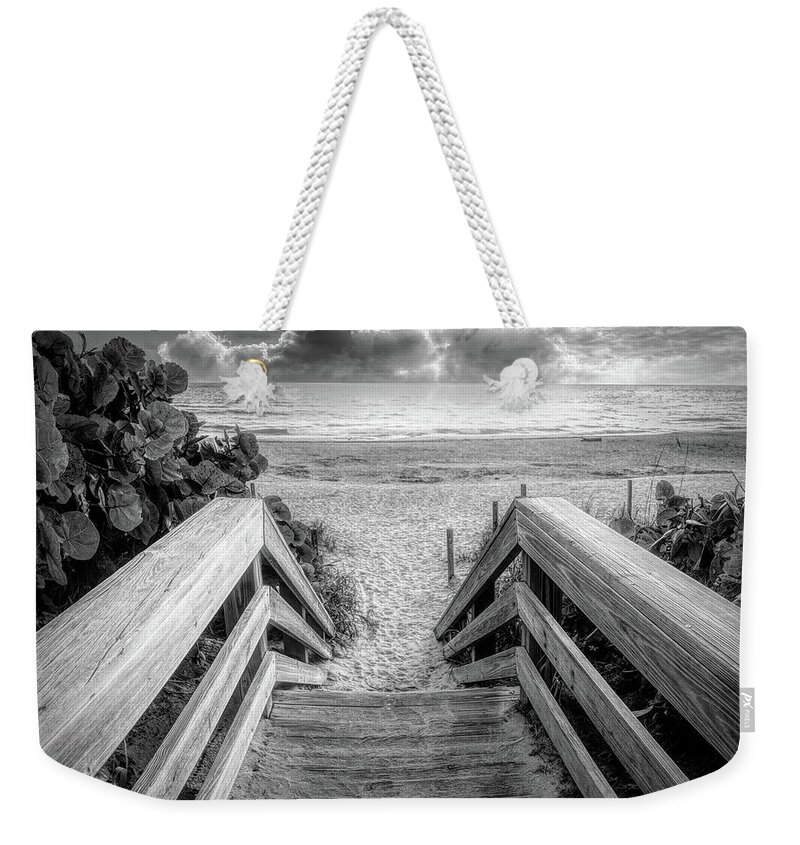 Black Weekender Tote Bag featuring the photograph Sandy Steps onto the Beach Black and White by Debra and Dave Vanderlaan