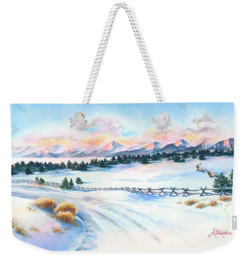 This Was My View Early One Cold Weekender Tote Bag featuring the painting Sangres Sunrise by Jill Westbrook