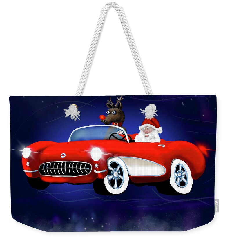 Chevrolet Weekender Tote Bag featuring the digital art Santa and a 1957 Corvette by Doug Gist