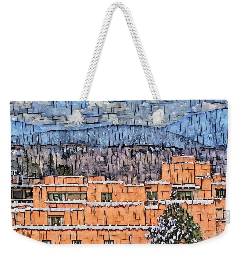 Southwest Weekender Tote Bag featuring the digital art Santa Fe Luminarias by Aerial Santa Fe