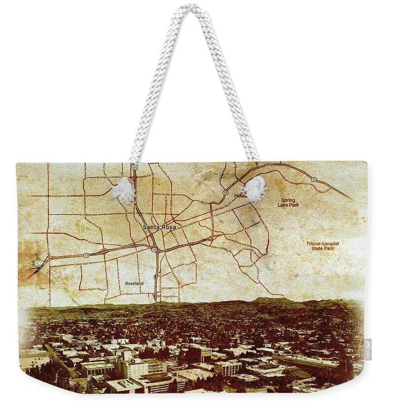 Santa Rosa Weekender Tote Bag featuring the digital art Santa Rosa, California - map and panorama on old paper by Nicko Prints