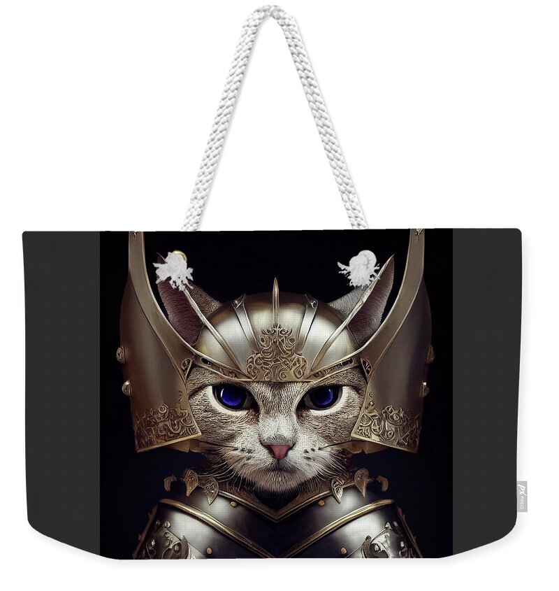 Warriors Weekender Tote Bag featuring the digital art Sapphire the Silver Kitten Warrior by Peggy Collins