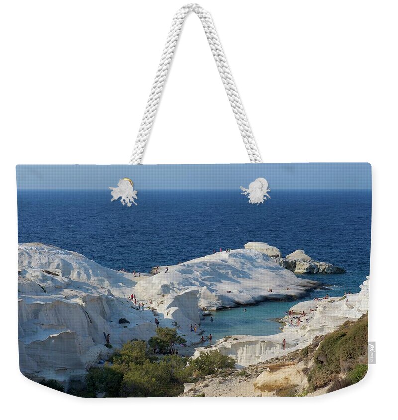 Sarakiniko Weekender Tote Bag featuring the photograph Sarakiniko Beach on Milos by Sean Hannon