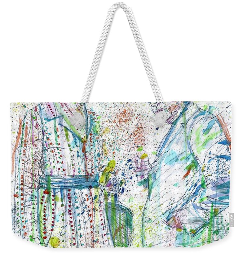 Sartre Weekender Tote Bag featuring the painting SARTRE and SIMONE DE BEAUVOIR watercolor portrait .2 by Fabrizio Cassetta