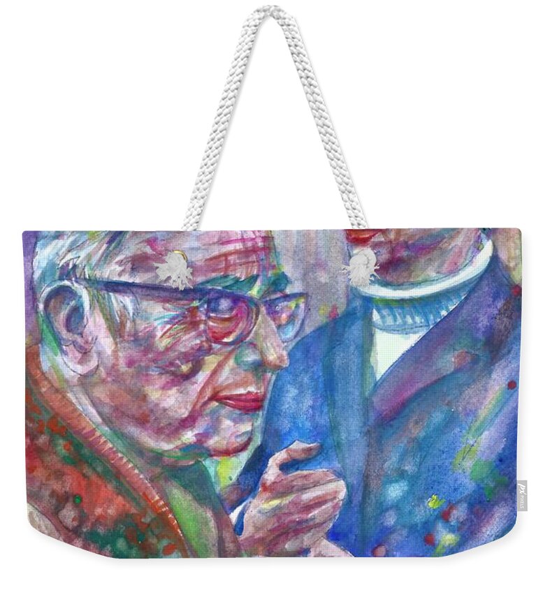 Sartre Weekender Tote Bag featuring the painting SARTRE and SIMONE DE BEAUVOIR watercolor portrait .3 by Fabrizio Cassetta
