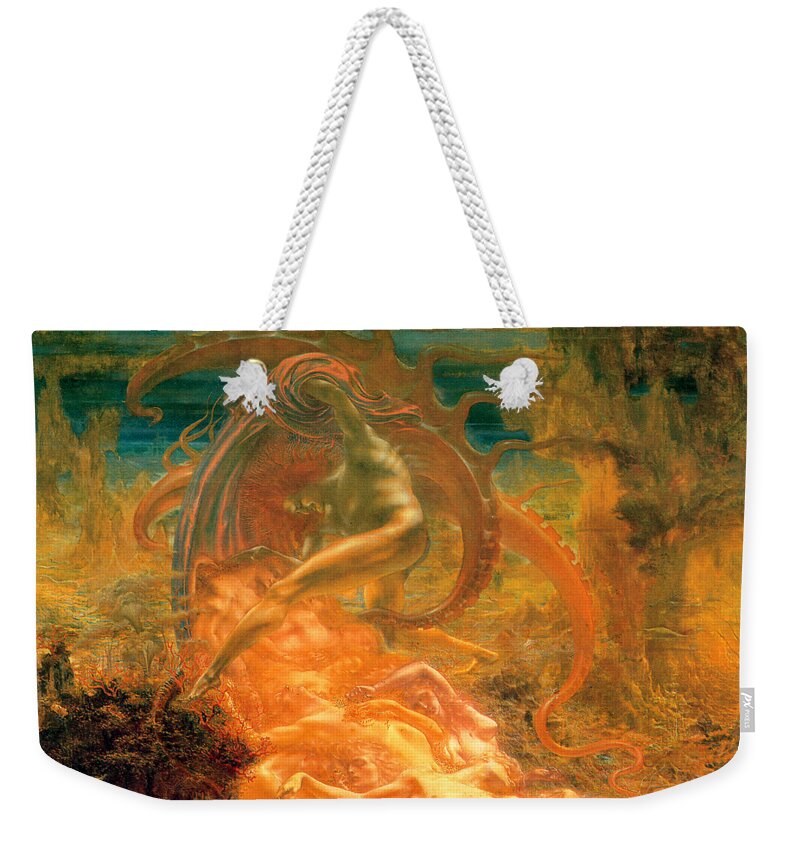 Sathan Weekender Tote Bag featuring the painting Satans Treasures Les Tresors de Sathan 1895 by Jean Delville