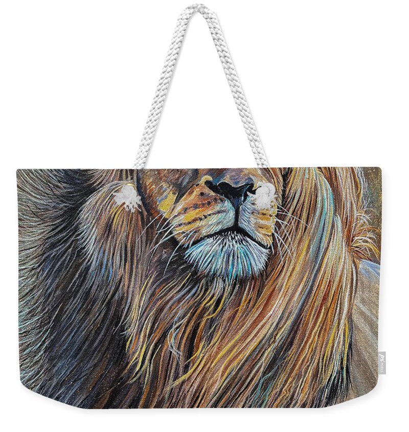 Lion Weekender Tote Bag featuring the painting Savannah Winds by Mark Ray