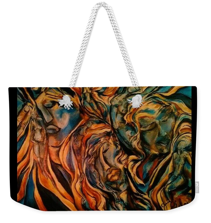 Figural Art Weekender Tote Bag featuring the painting Saving Three by Dawn Caravetta Fisher