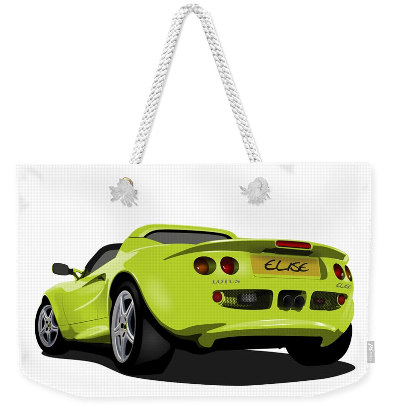 Sports Car Weekender Tote Bag featuring the digital art Scandal Green S1 Series One Elise Classic Sports Car by Moospeed Art