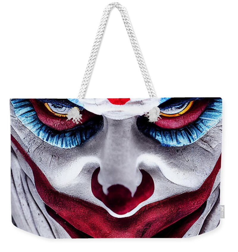 Clown Weekender Tote Bag featuring the mixed media Scary Halloween Clown by Smart Aviation