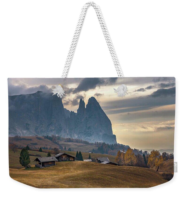 Schlern Weekender Tote Bag featuring the photograph Schlern peak - Alpe di Siusi by Elias Pentikis