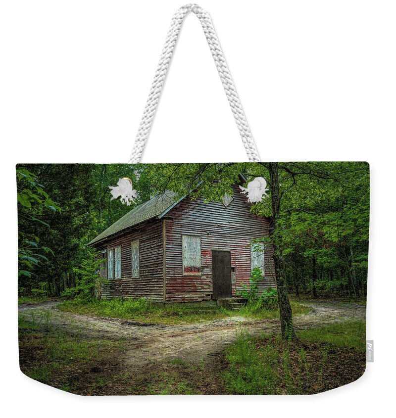Atsion Weekender Tote Bag featuring the photograph Schoolhouse In The Woods by Kristia Adams