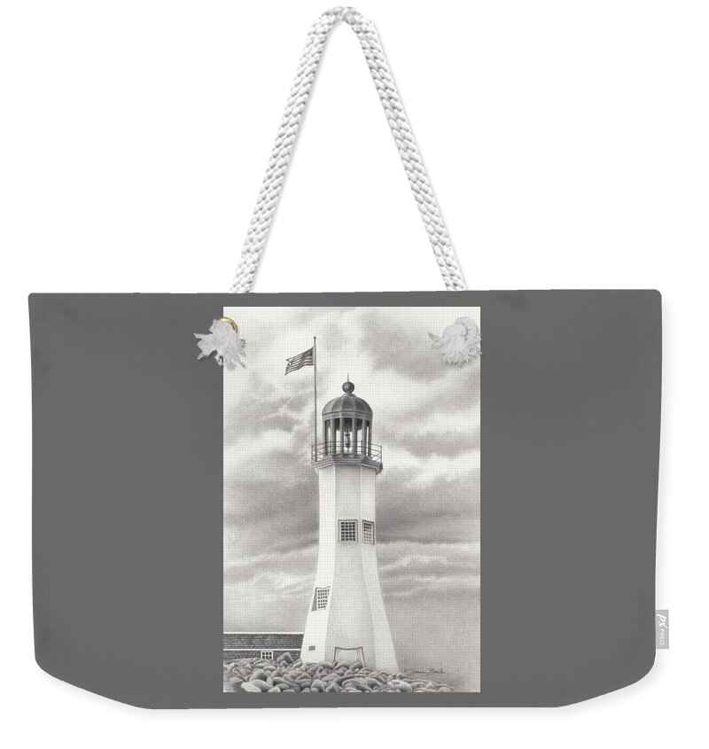 Scituate Weekender Tote Bag featuring the drawing Scituate Light by Donna Basile