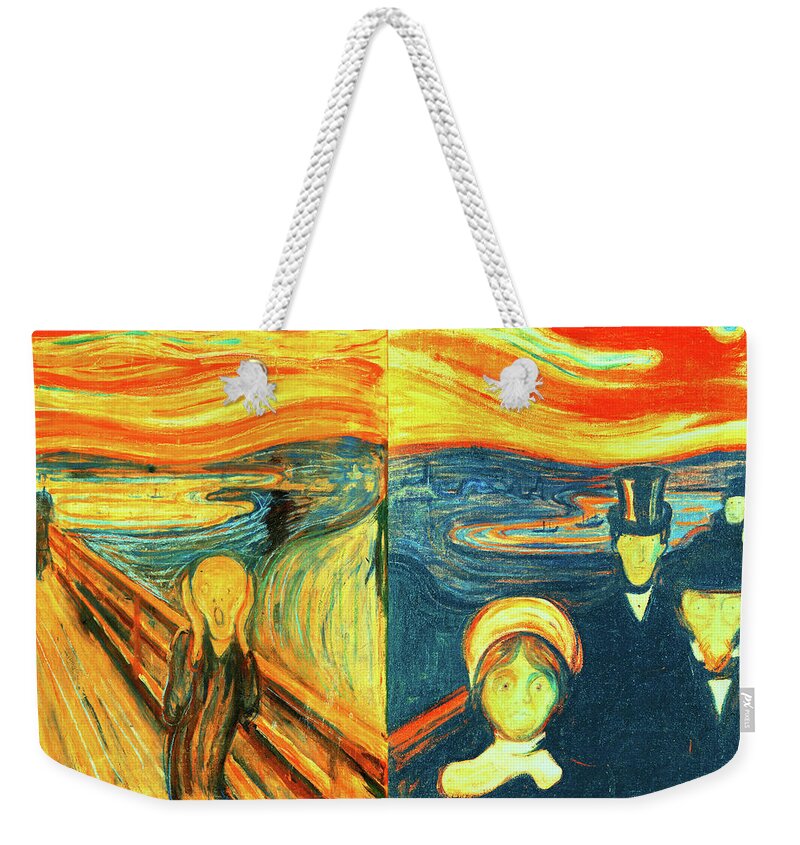 The Scream Weekender Tote Bag featuring the digital art Scream and Anxiety by Edvard Munch - collage by Nicko Prints