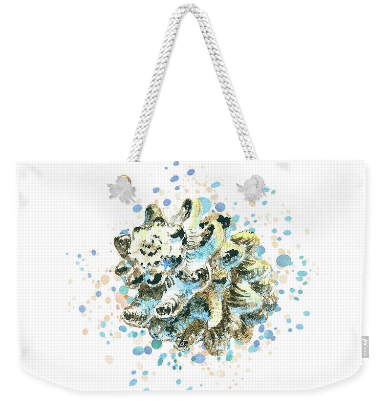 Beach Art Weekender Tote Bag featuring the painting Sea Shell On Splash Of Water Drops Beach Art Watercolor II by Irina Sztukowski