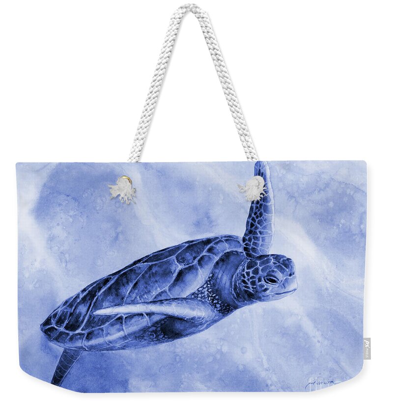 Mono Weekender Tote Bag featuring the painting Sea Turtle 2 in Blue by Hailey E Herrera