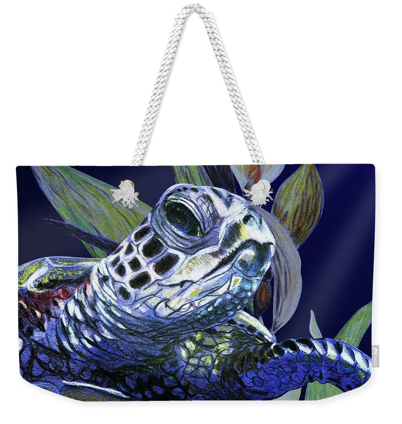 Seaturtle Weekender Tote Bag featuring the painting Sea Turtle in Dark Water by Masha Batkova
