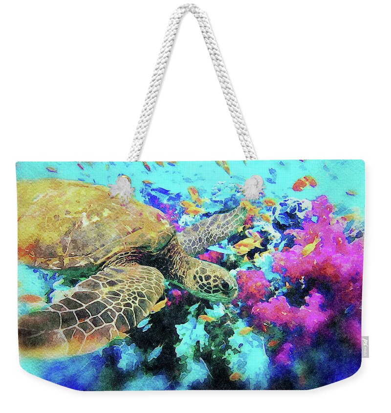 Sea Turtle Weekender Tote Bag featuring the mixed media Sea Turtle with Fish and Coral Reef Watercolor Painting by Shelli Fitzpatrick