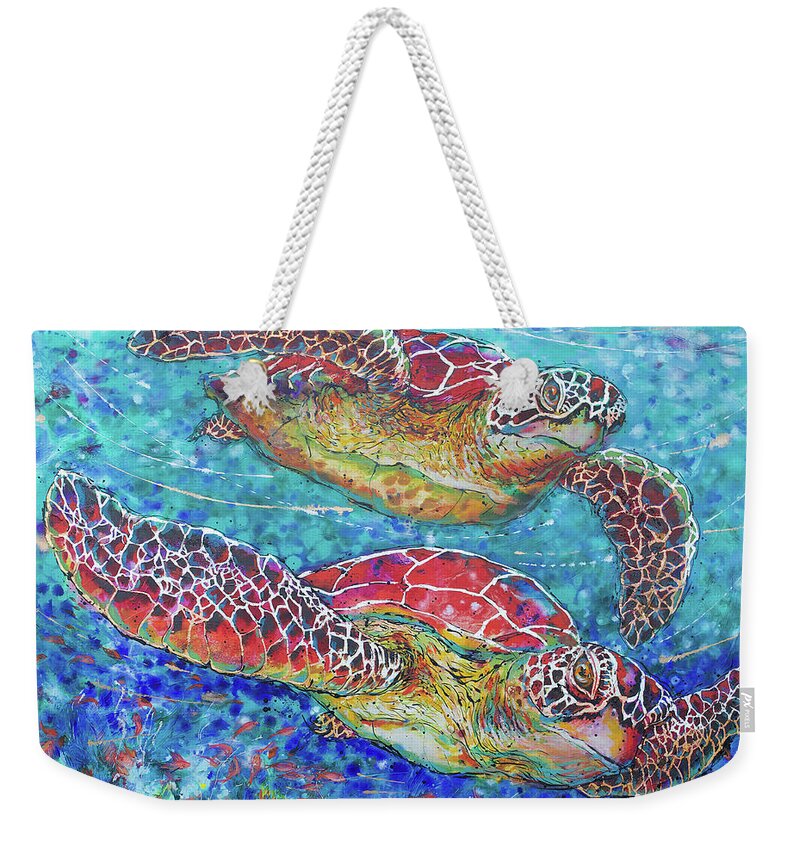  Weekender Tote Bag featuring the painting Sea Turtles on Coral Reef II by Jyotika Shroff