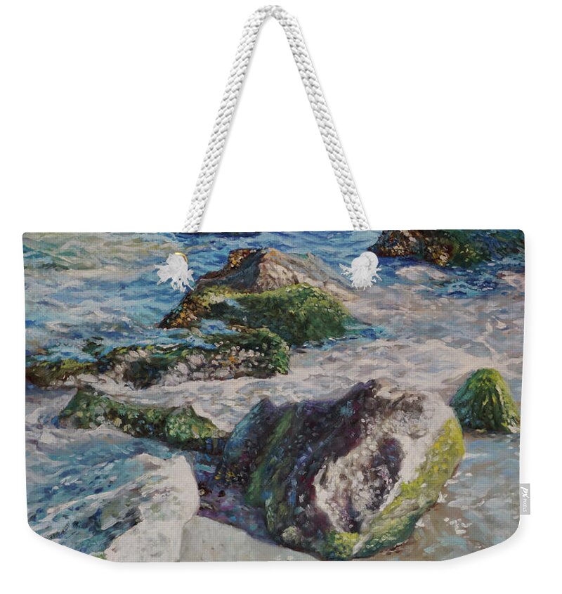 Sea Weekender Tote Bag featuring the painting Sea water with rocks on shore by Martin Davey