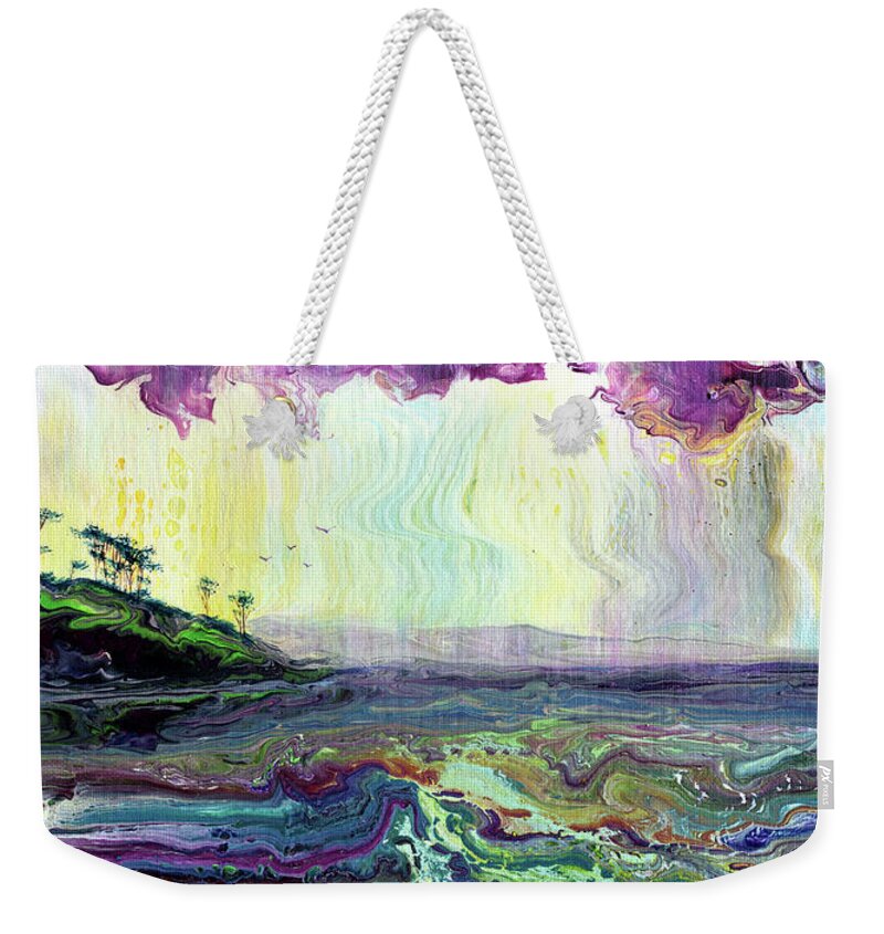 Pacific Northwest Weekender Tote Bag featuring the painting Seagulls in Sunset Rain by Laura Iverson