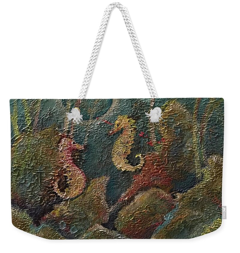 Seahorse Weekender Tote Bag featuring the painting Seahorses by Maria Karlosak