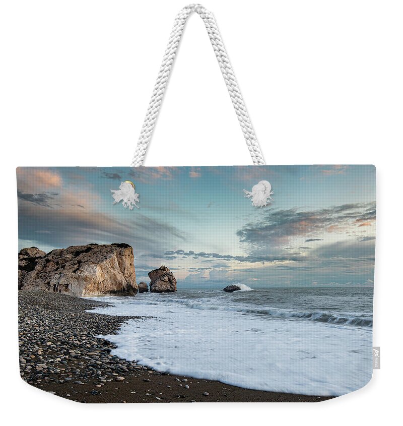 Sea Waves Weekender Tote Bag featuring the photograph Seascape with windy waves and moody sky during sunset by Michalakis Ppalis