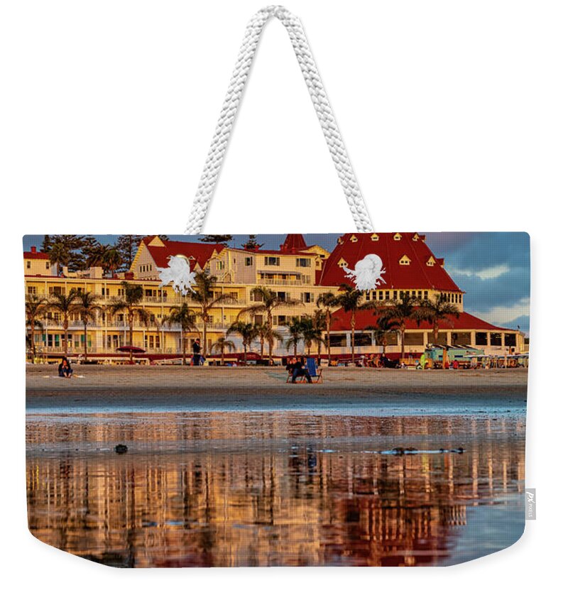 Sunset Weekender Tote Bag featuring the photograph Seaside Reflections at the Hotel del Coronado by Sam Antonio