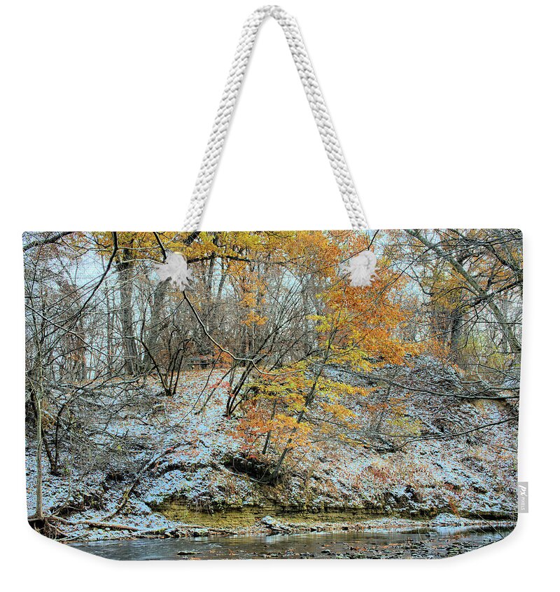 River Weekender Tote Bag featuring the photograph Seasonal Collisions by Bonfire Photography