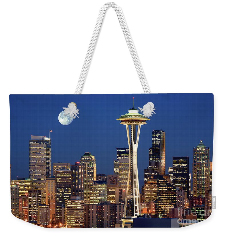 Seattle Weekender Tote Bag featuring the photograph Seattle at Full Moon by Inge Johnsson