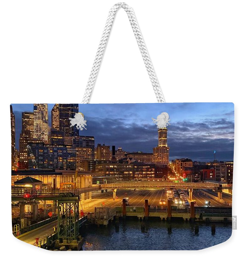 Sunrise Weekender Tote Bag featuring the photograph Seattle Ferry Landing by Jerry Abbott