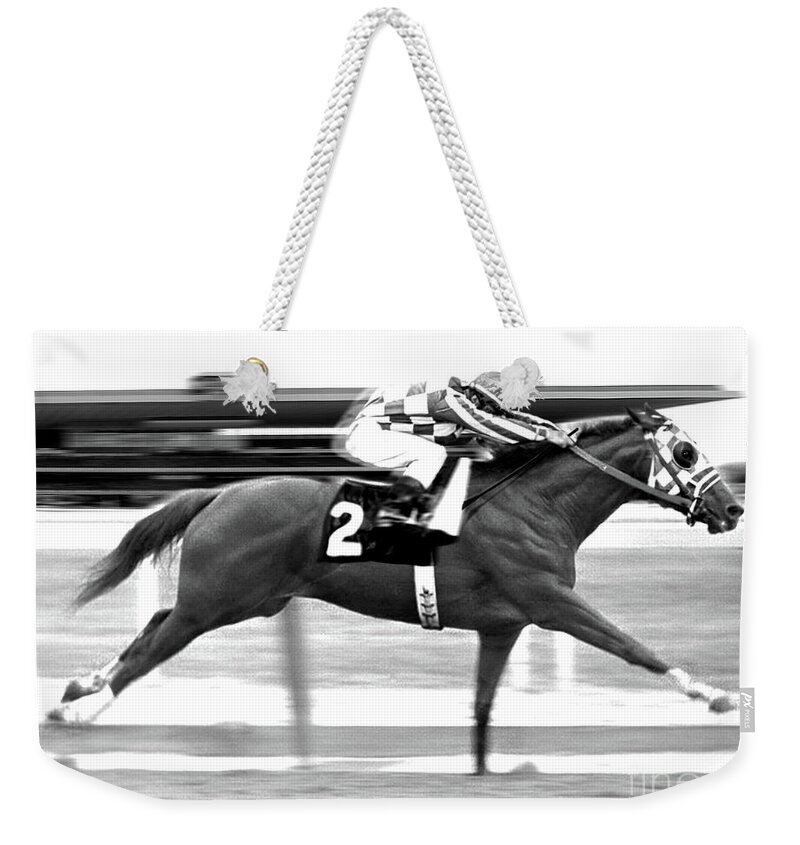 Secretariat Weekender Tote Bag featuring the mixed media Secretariat, Belmont Stakes, back stretch by Thomas Pollart
