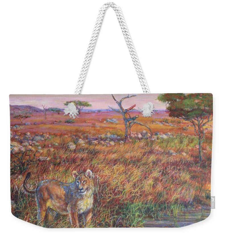Africa Weekender Tote Bag featuring the painting Serengeti Lioness by Veronica Cassell vaz