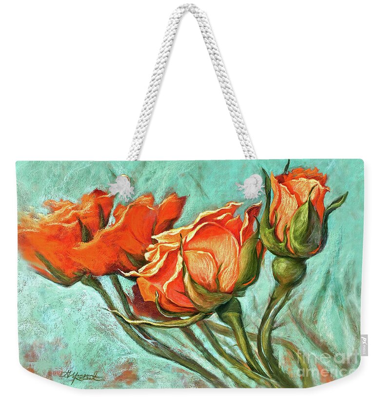 Orange Roses Weekender Tote Bag featuring the painting Serenity by Gayle Mangan Kassal