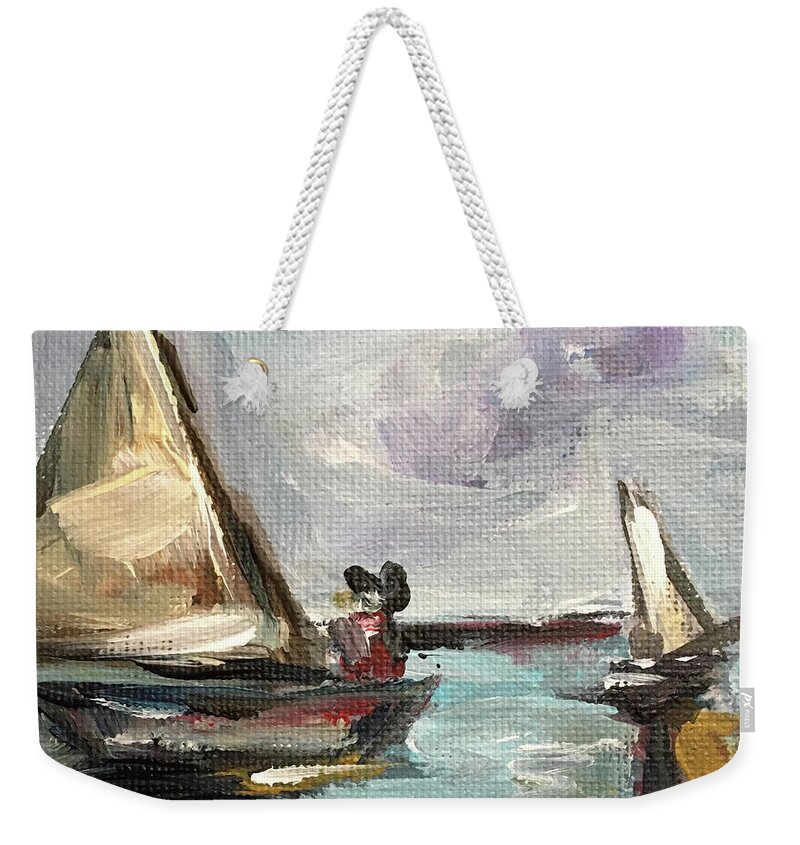 Sailboat Painting Weekender Tote Bag featuring the painting Serenity Sail by Roxy Rich
