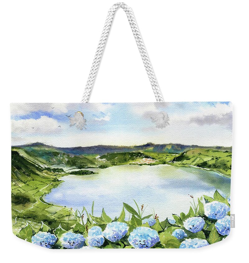 Sete Cidades Weekender Tote Bag featuring the painting Sete Cidades in Azores Sao Miguel Painting by Dora Hathazi Mendes