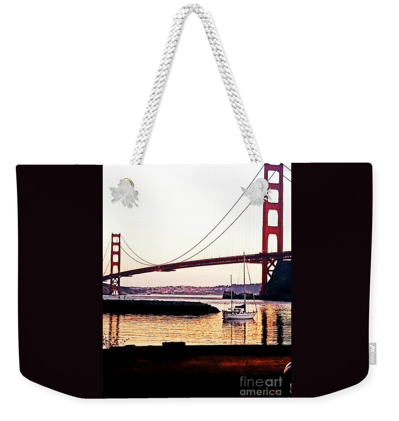 Golden Gate Bridge Weekender Tote Bag featuring the painting SF Fog Meets October Sunset by Artist Linda Marie