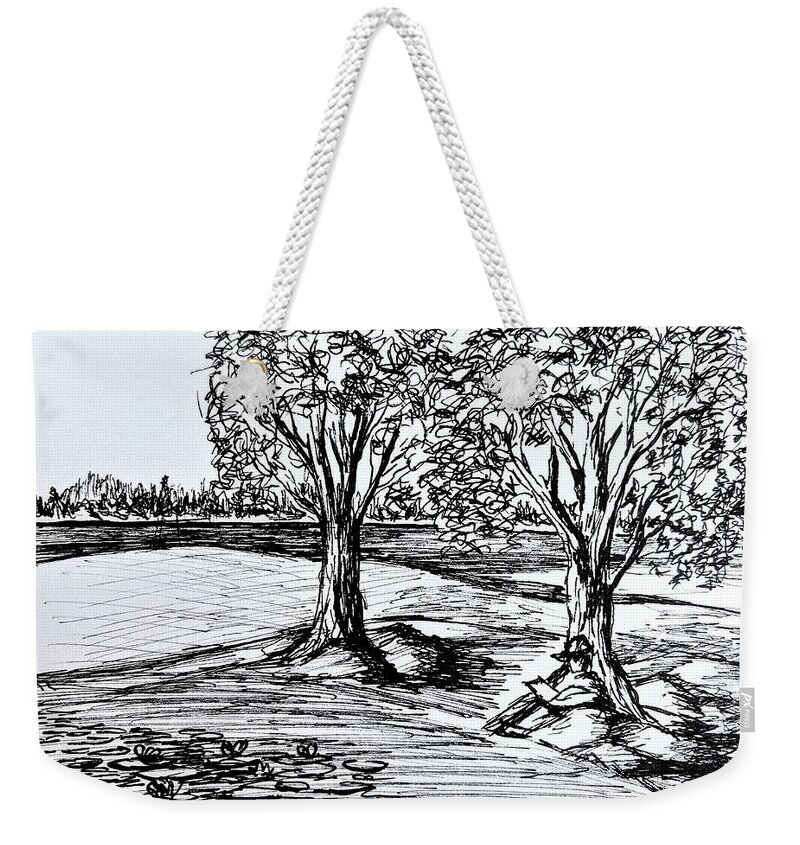 Black And White Weekender Tote Bag featuring the drawing Shade Trees by Tammy Nara