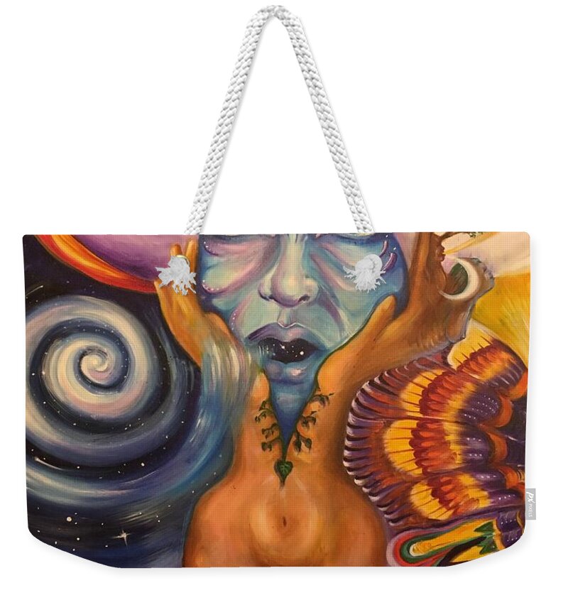 Face Masks Weekender Tote Bag featuring the painting Shaman Breathing The Universe by Sofanya White