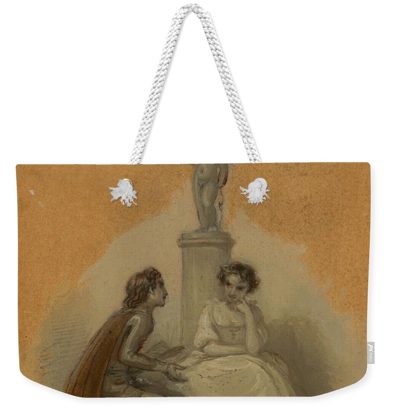 19th Century Weekender Tote Bag featuring the drawing She Never Told Her Love, But Sat Like Patience on a Monument by Robert Smirke